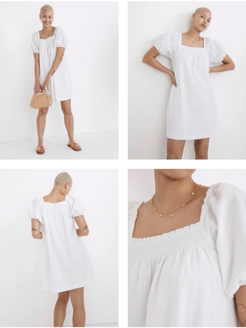 NWT Madewell Puff-Sleeve A-Line Mini Dress in White Seersucker Stripe Size L